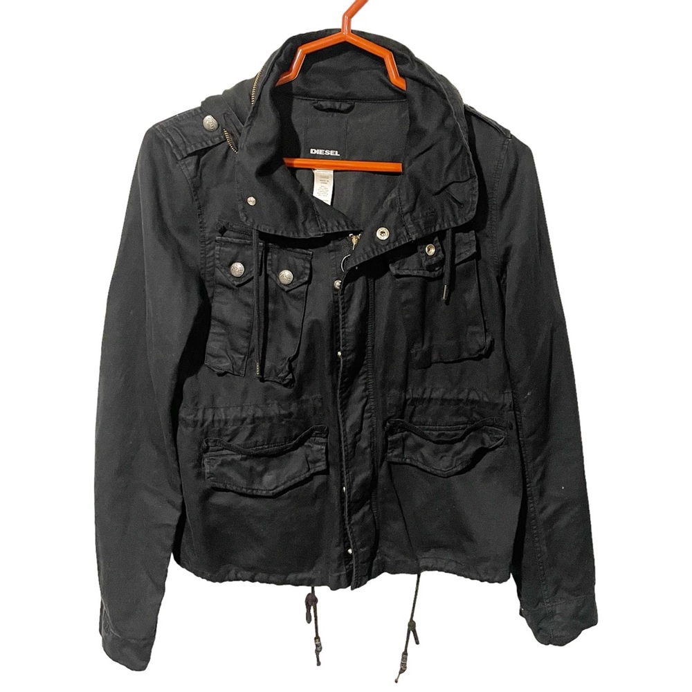 Diesel Size Small Black Linen Cotton Blend Multi Pocket Utility Hooded Jacket